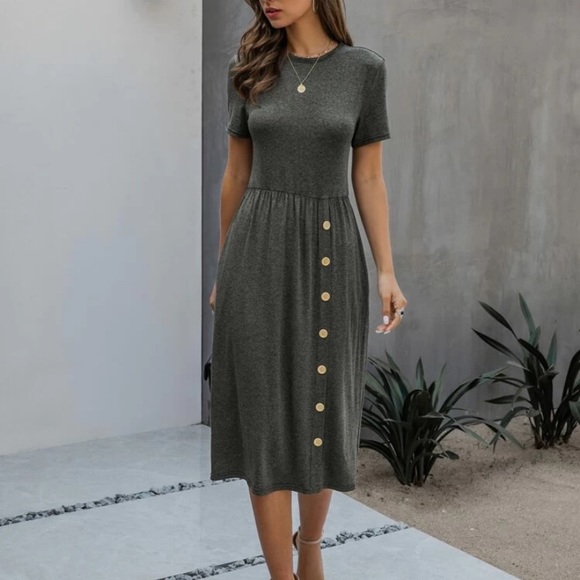 Grey Midi Jersey T-Shirt Dress with Button Detail - Picture 1 of 4